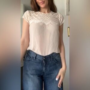Cream short sleeves embellished top